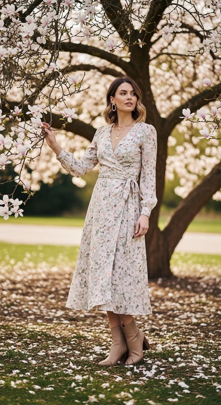 Wrap dress with ankle boots, aesthetic spring outfit ideas for women 2026