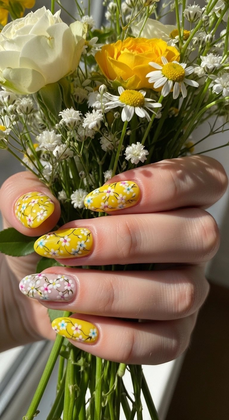 yellow floral nails for yellow summer nails ideas with flower design