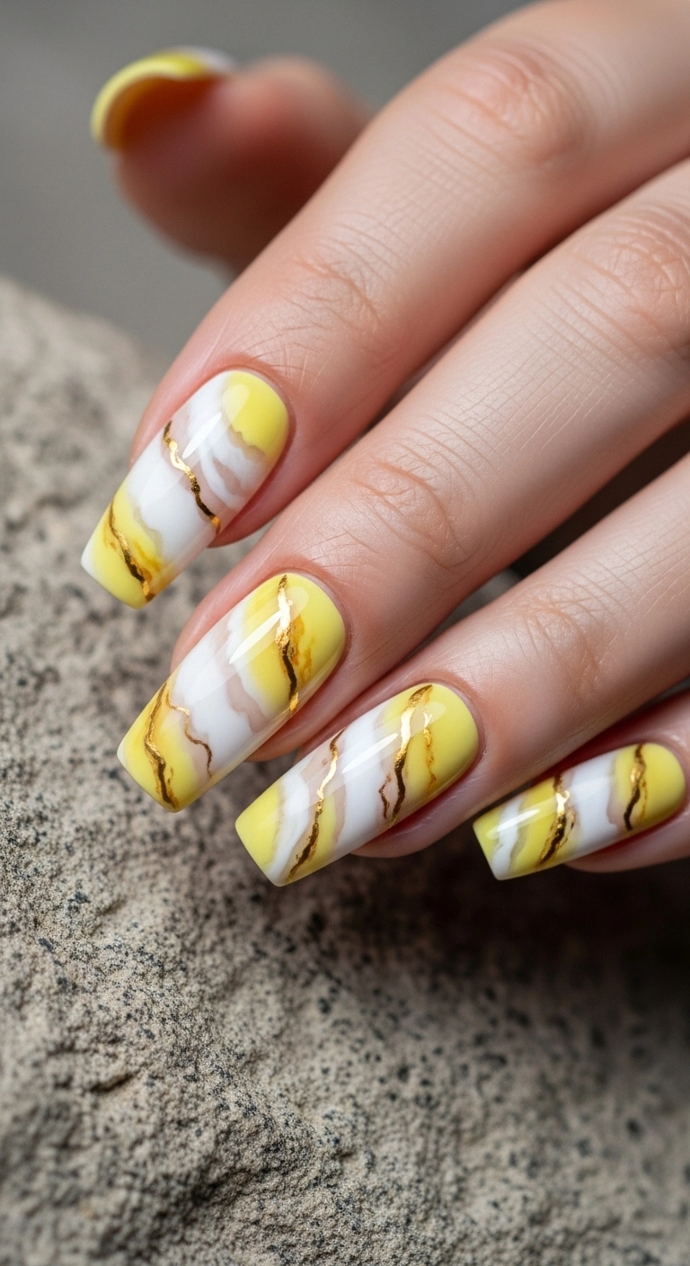 yellow marble nails for yellow summer nails ideas with gold veins