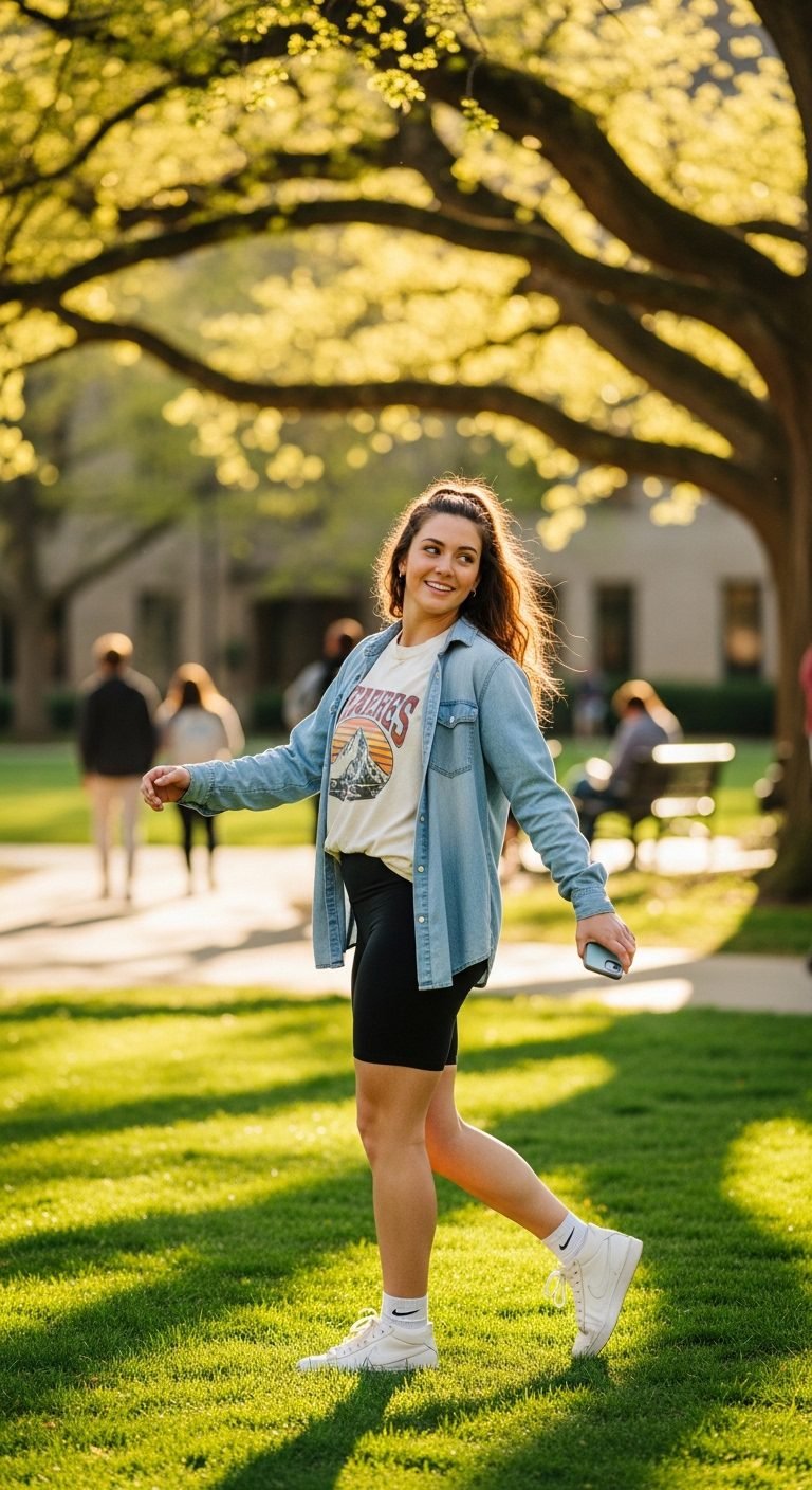 Spring college outfits 2026 with biker shorts, oversized tee, and button-down layer