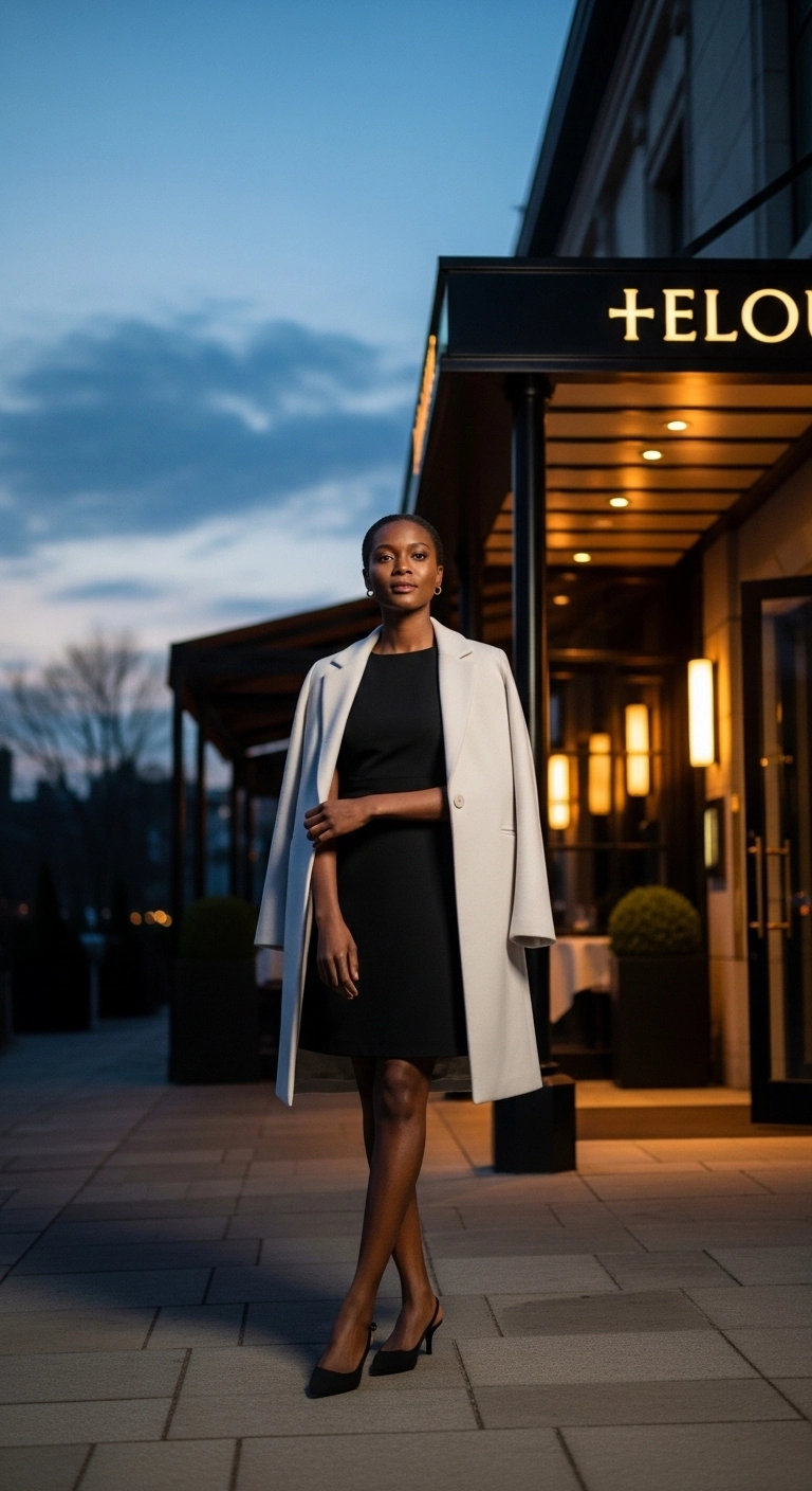 spring outfits for black women in 2026 with black dress and light spring coat