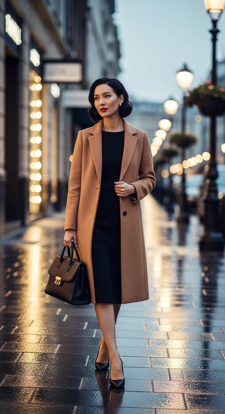 Classy spring outfits 2026 with black dress and light spring coat