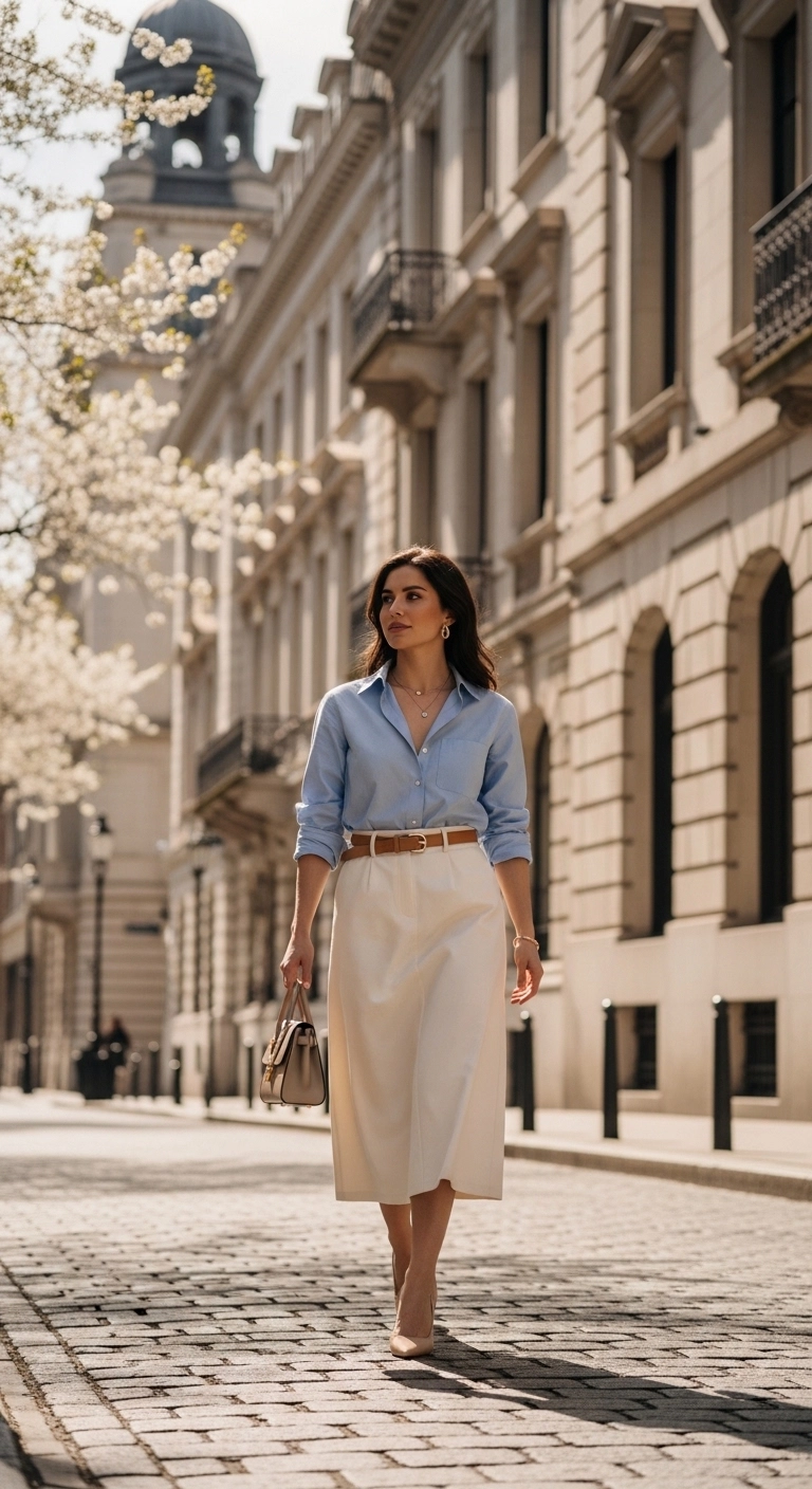 Elegant spring outfits 2026 with black dress and tan trench coat