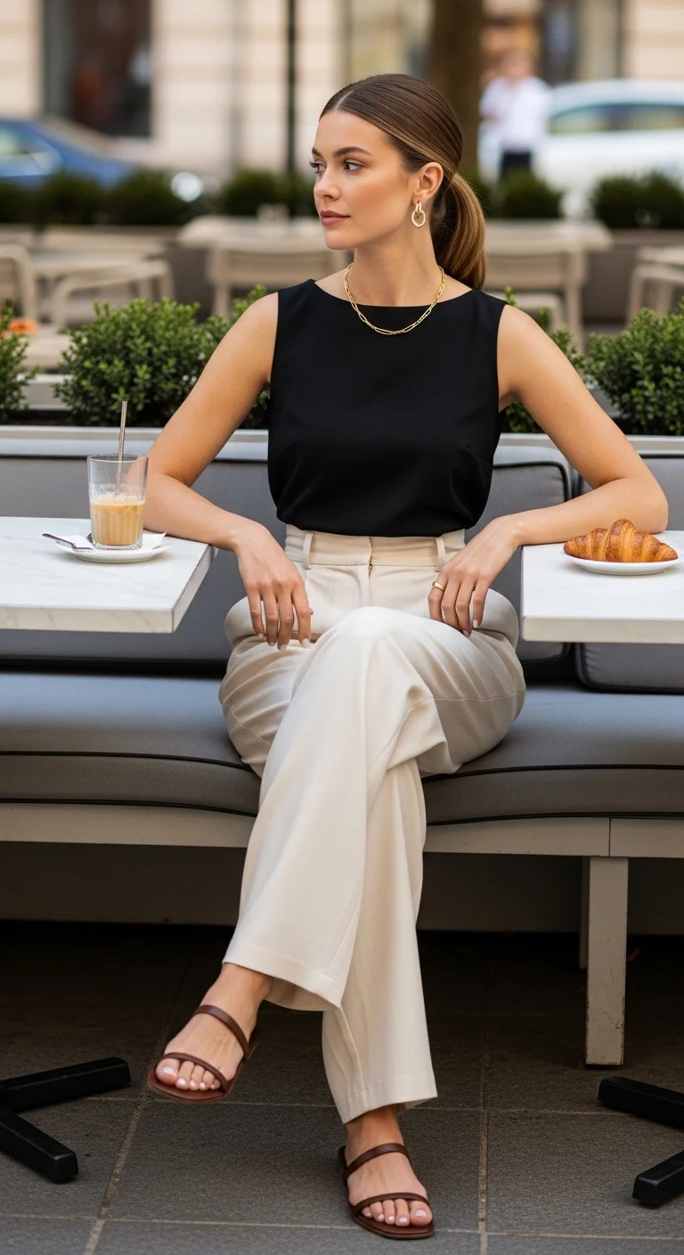 Classy spring outfits 2026 with black sleeveless top and ecru trousers