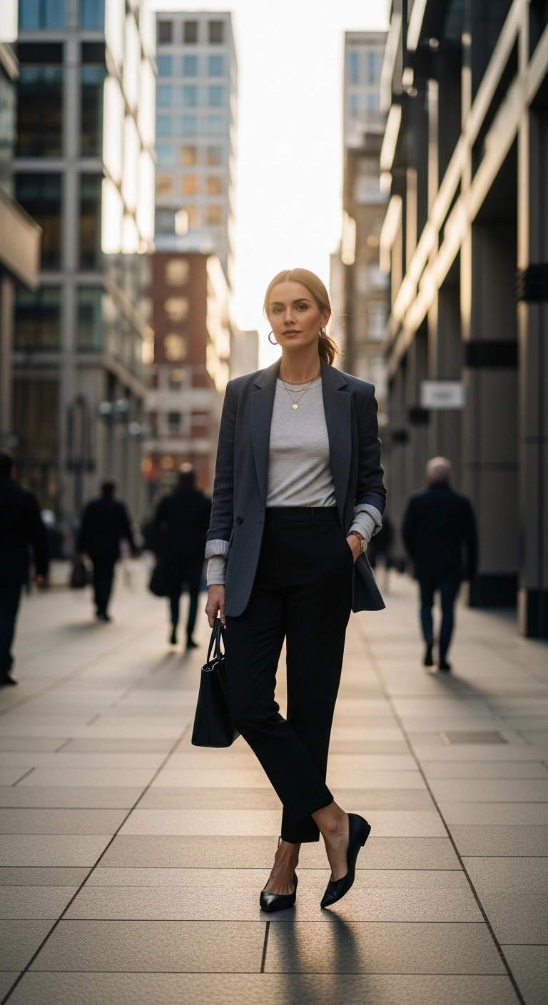 winter to spring transition outfits 2026 with blazer long-sleeve tee and black trousers