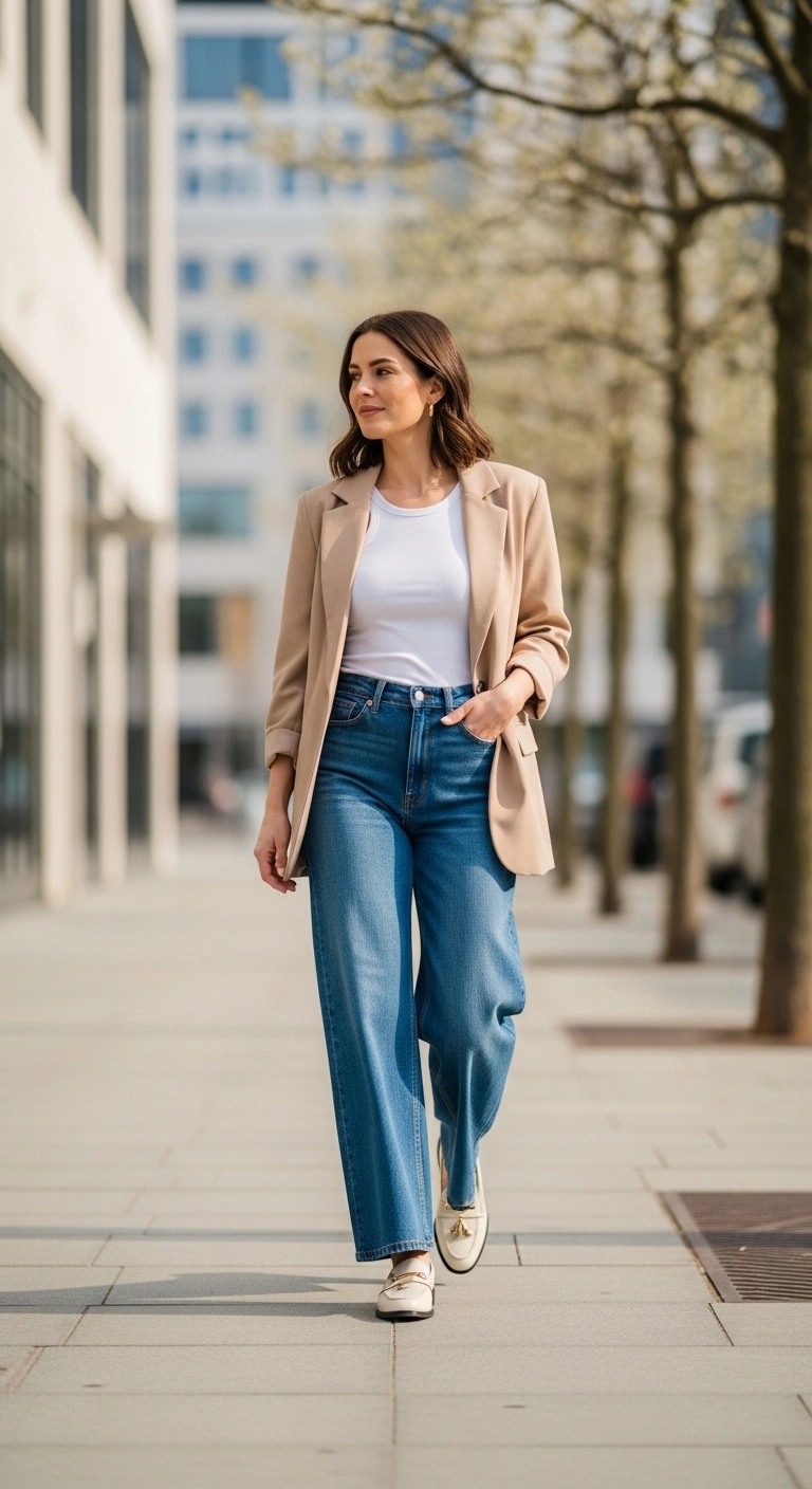 Trendy spring outfit ideas for women 2026 with blazer, tank, and wide-leg jeansTrendy spring outfit ideas for women 2026 with blazer, tank, and wide-leg jeans