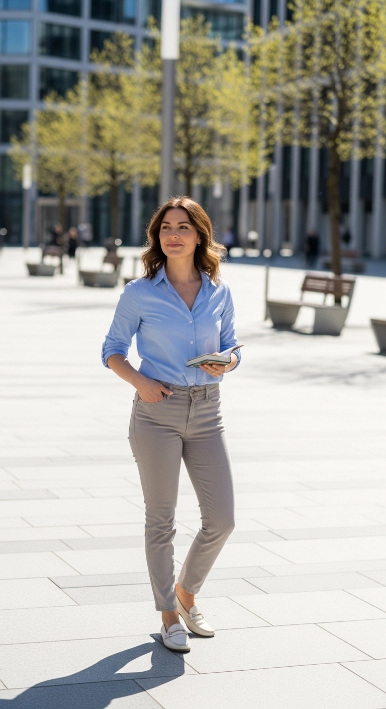 spring vacation outfits 2026 with pale blue shirt and neutral denim