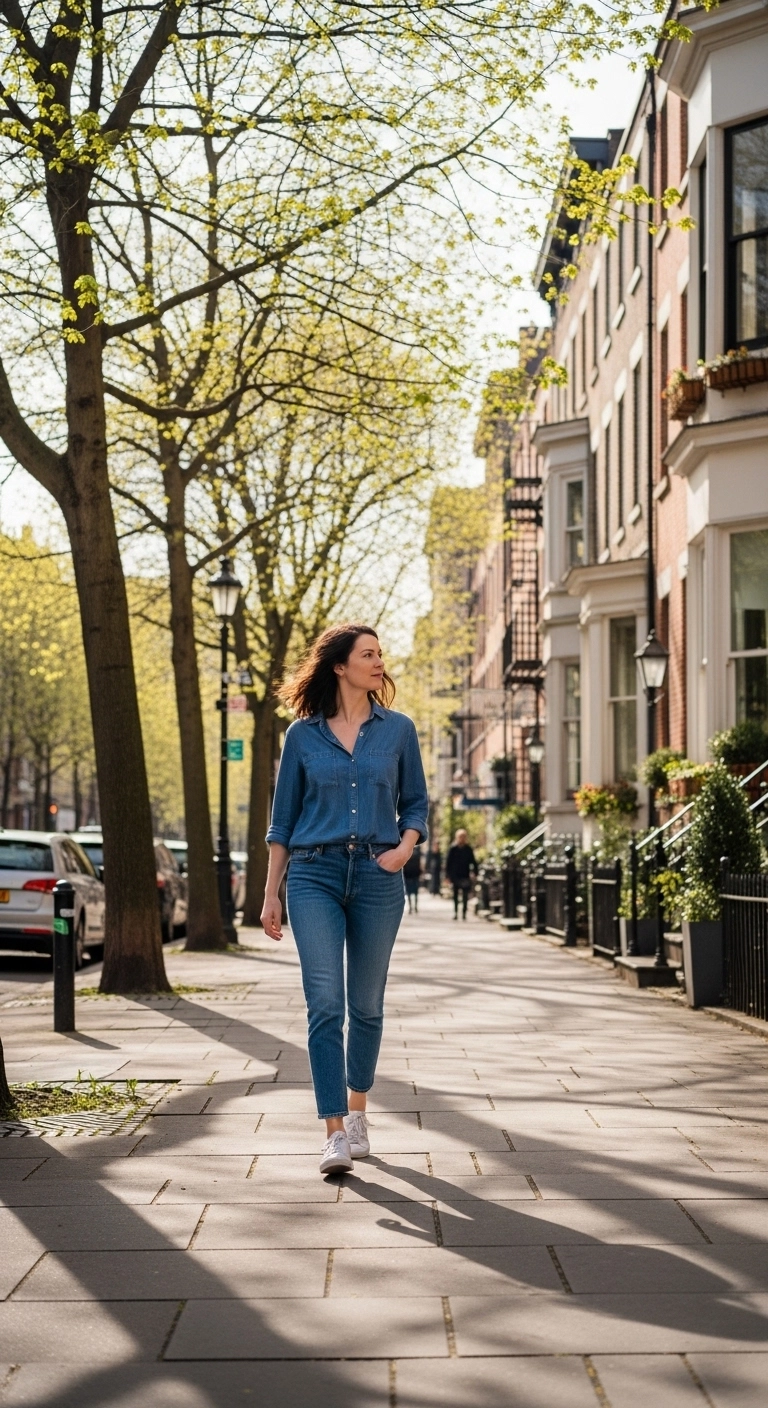 Spring outfits with jeans 2026 with blue button-down shirt, mid-wash jeans, and trainers