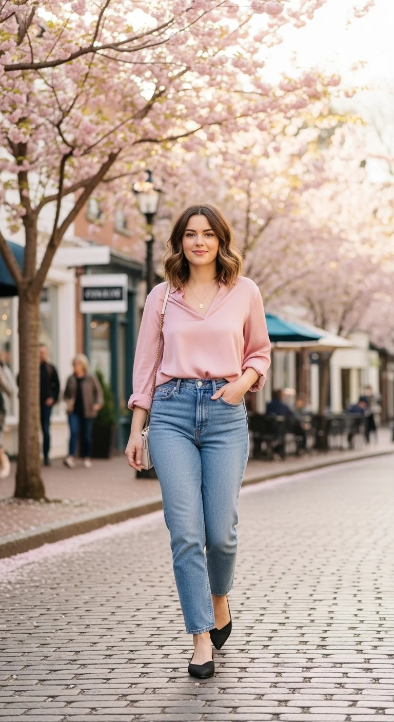 light spring color palette outfits 2026 with blush blouse and light-wash jeans