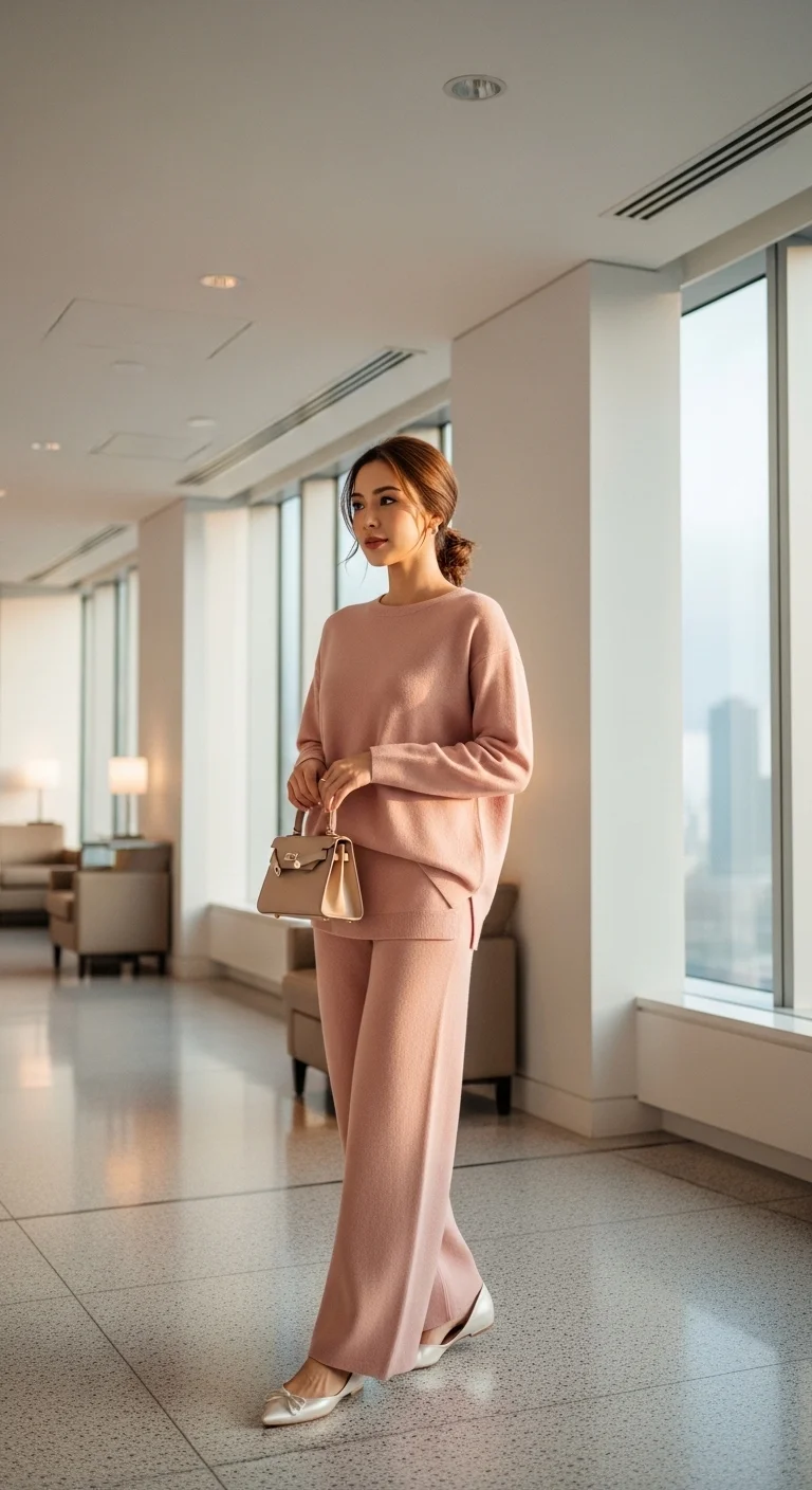 light spring color palette outfits 2026 with blush knit set and pearl-toned flats