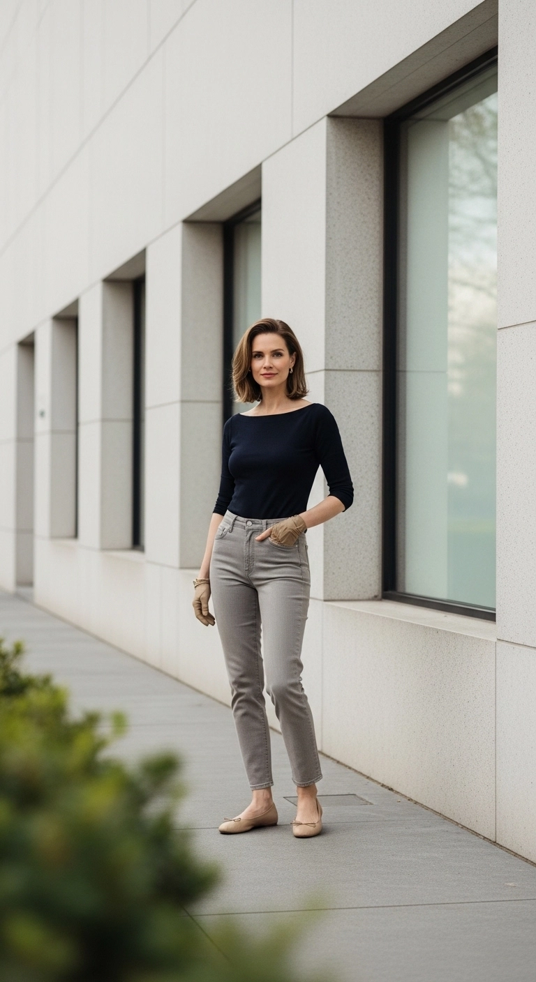 winter to spring transition outfits 2026 with boatneck top neutral jeans and ballet flats