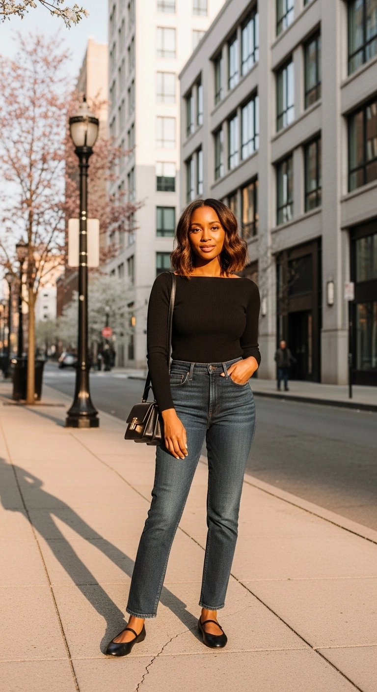 spring outfits for black women in 2026 with boatneck top and dark straight-leg jeans