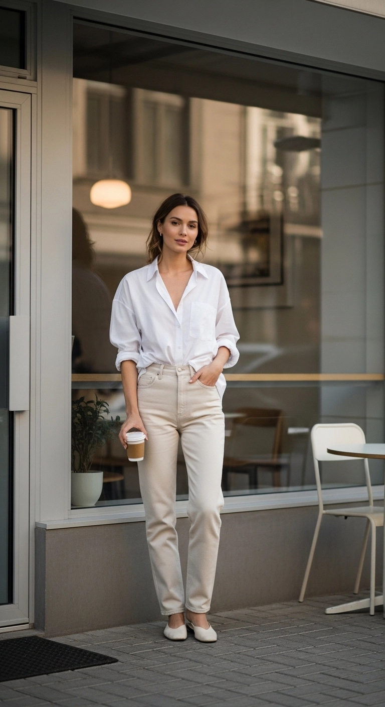 simple spring outfits 2026 with button-up shirt and ecru jeans