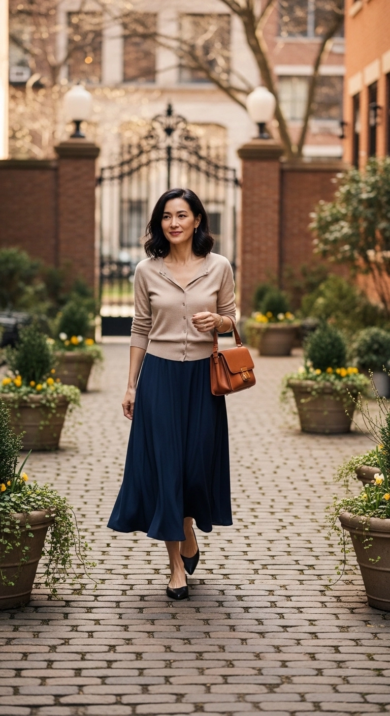 simple spring outfits 2026 with button-front cardigan and midi skirt