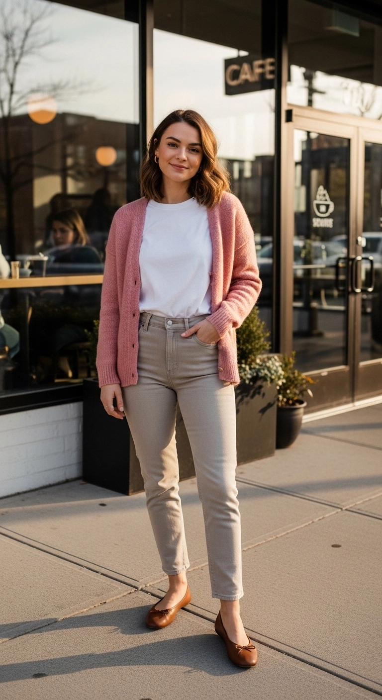 winter to spring transition outfits 2026 with cardigan neutral jeans and white tee