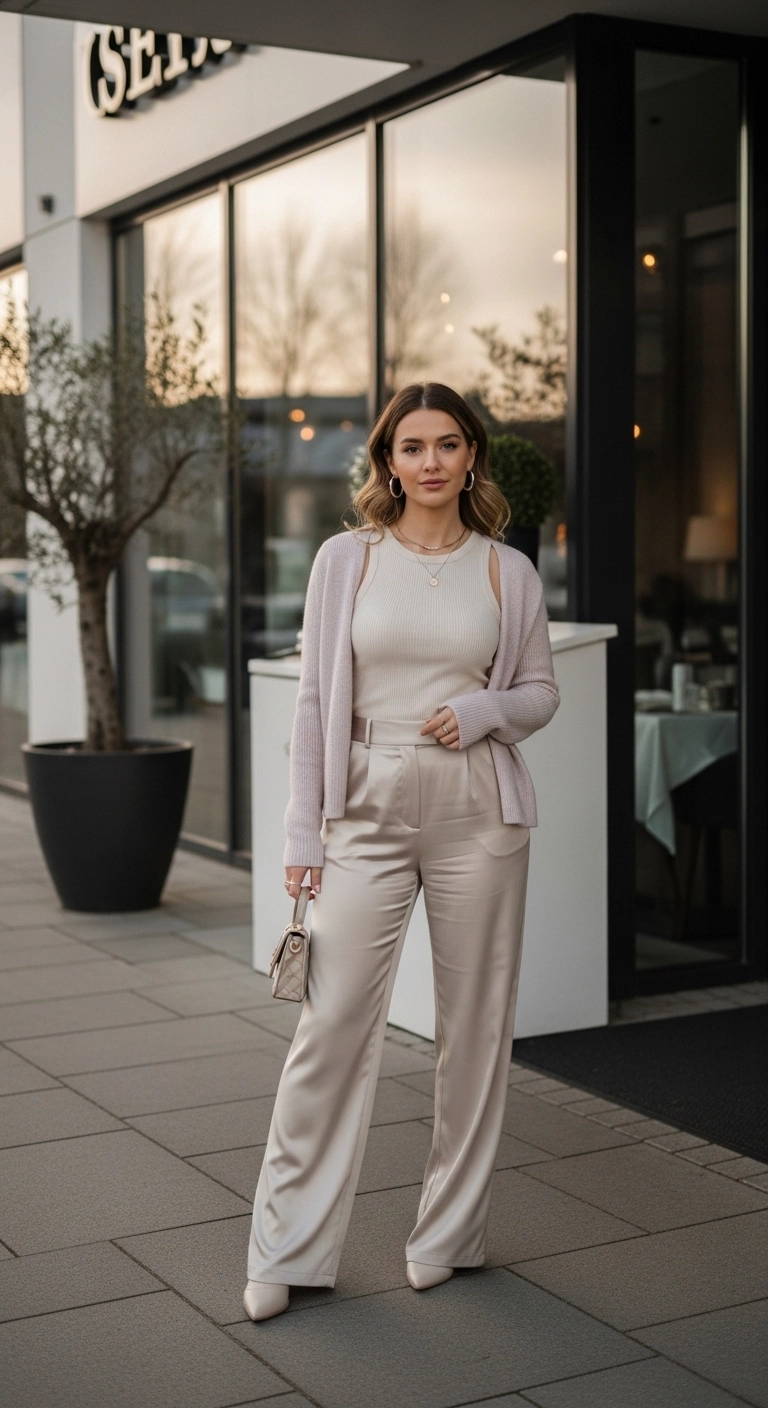winter to spring transition outfits 2026 with ribbed tank cardigan and satin trousers