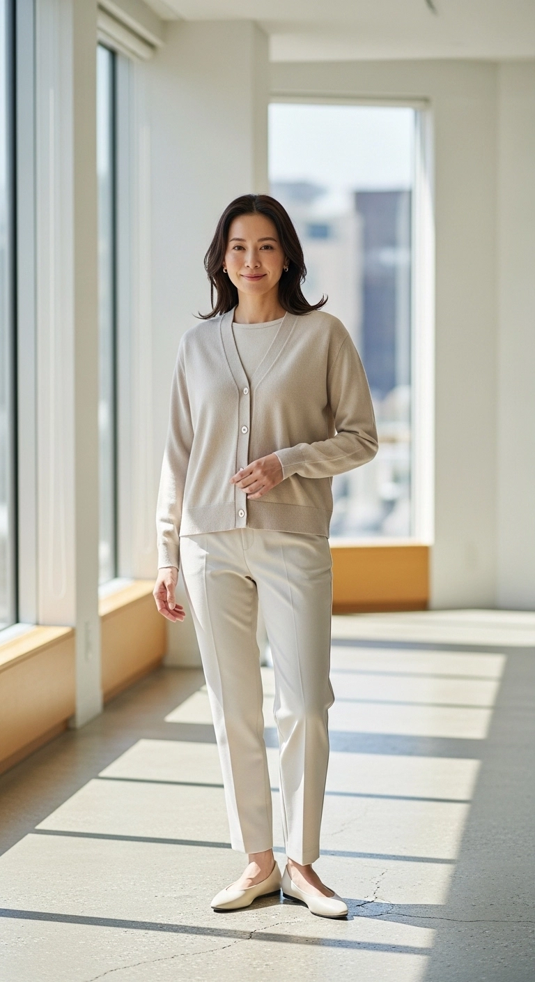 Trendy spring outfit ideas for women 2026 with cardigan set and tailored trousers