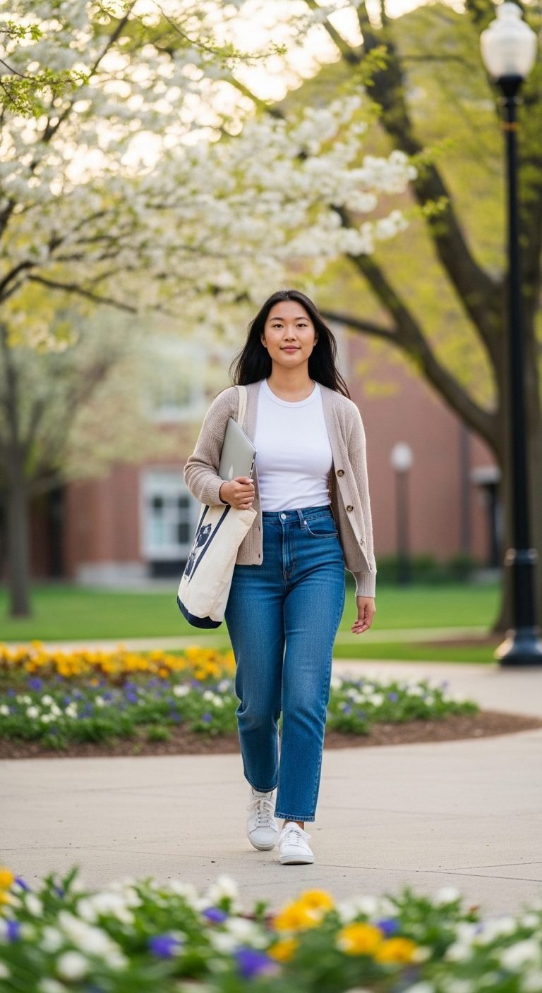 Spring college outfits 2026 with straight-leg jeans, fitted tee, and cardigan on campus