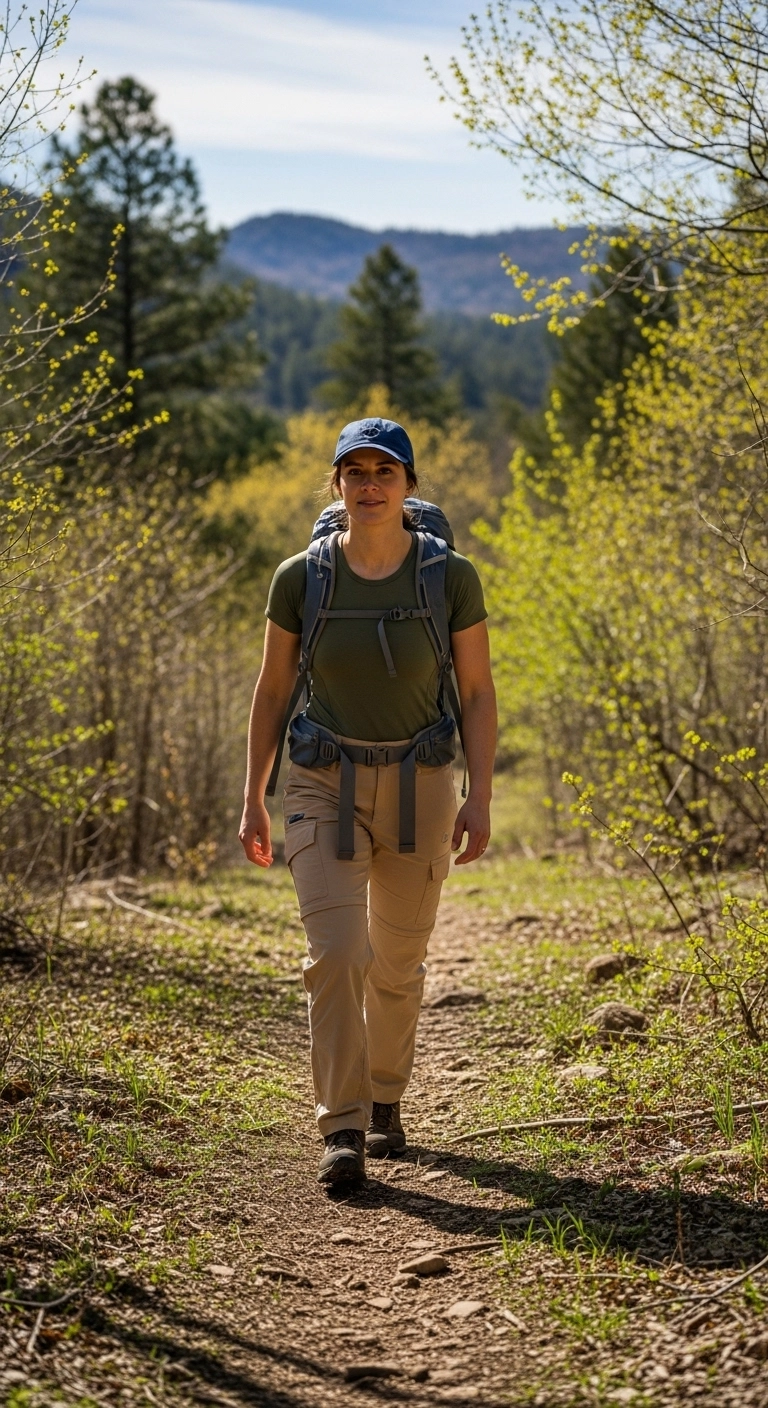 Spring hiking outfits for women 2026 with base tee, cargo hiking pants, and cap