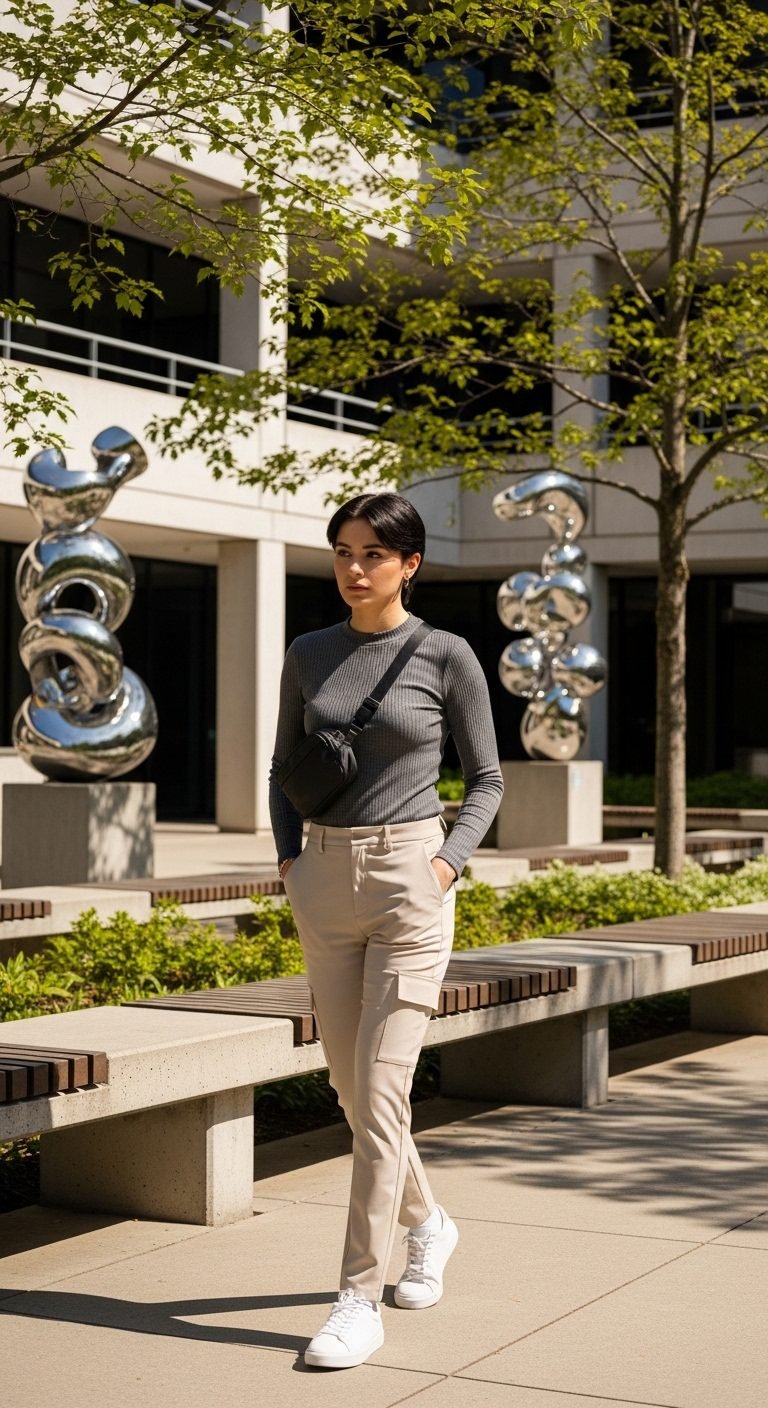 Spring college outfits 2026 with cargo pants, ribbed top, and sneakers