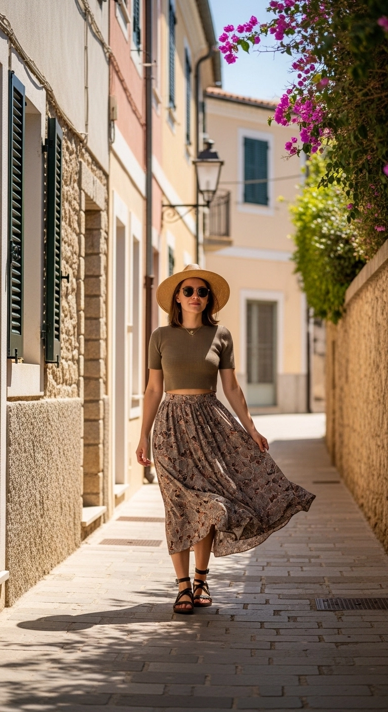 Spring travel outfits for women 2026 with knit top, pull-on skirt, and sandals