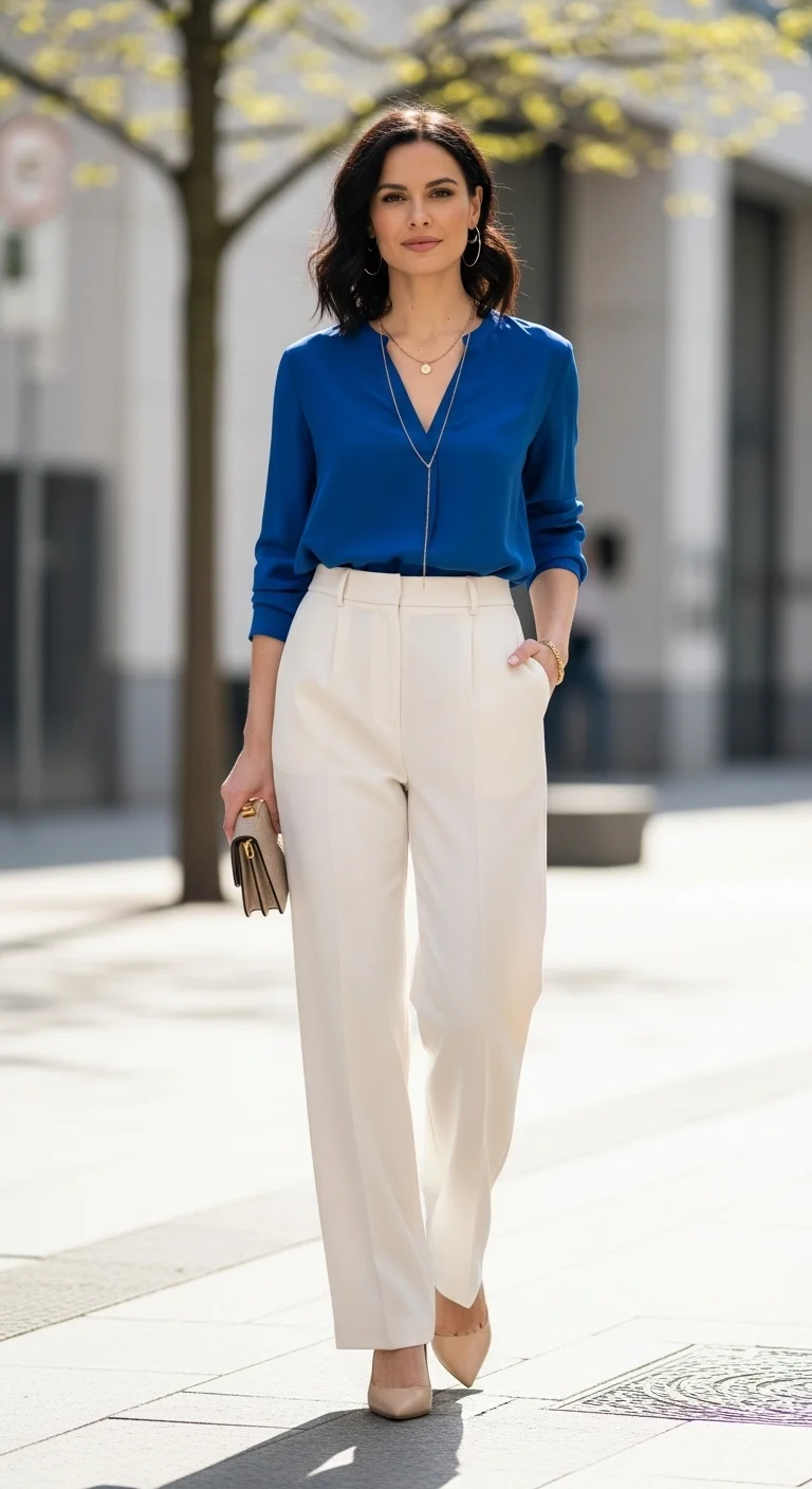 Classy spring outfits 2026 with cobalt blue blouse and ivory trousers