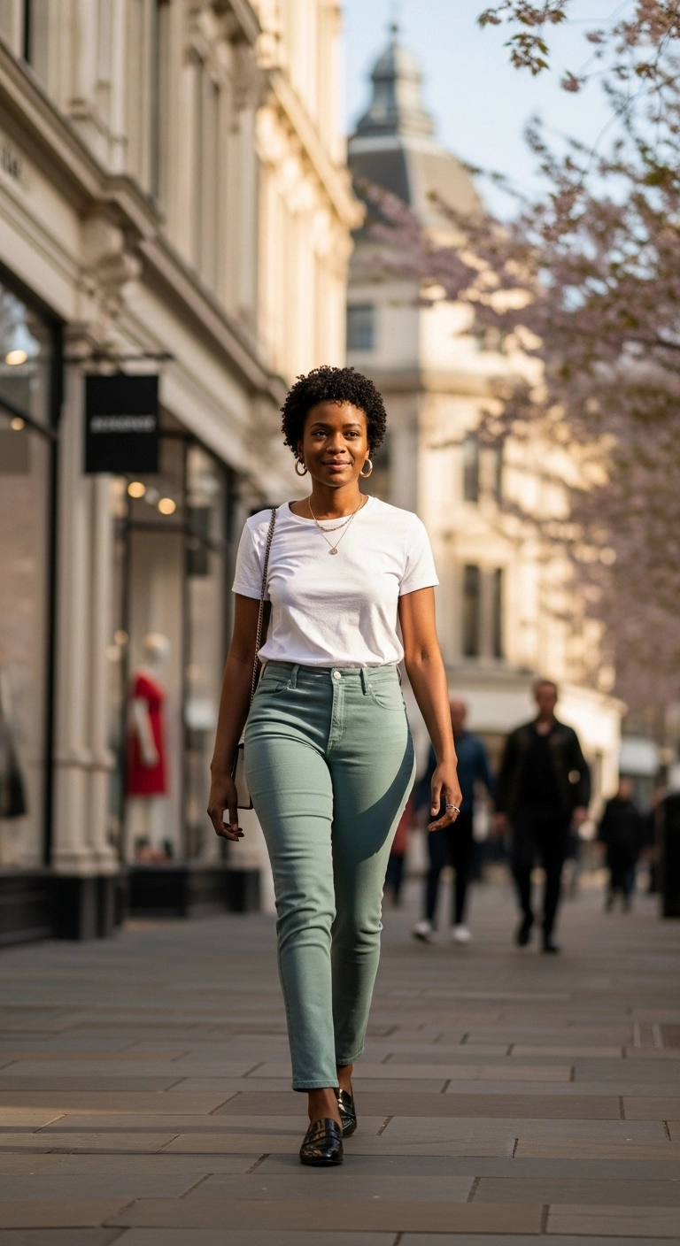 spring outfits for black women in 2026 with colored denim white tee and loafers