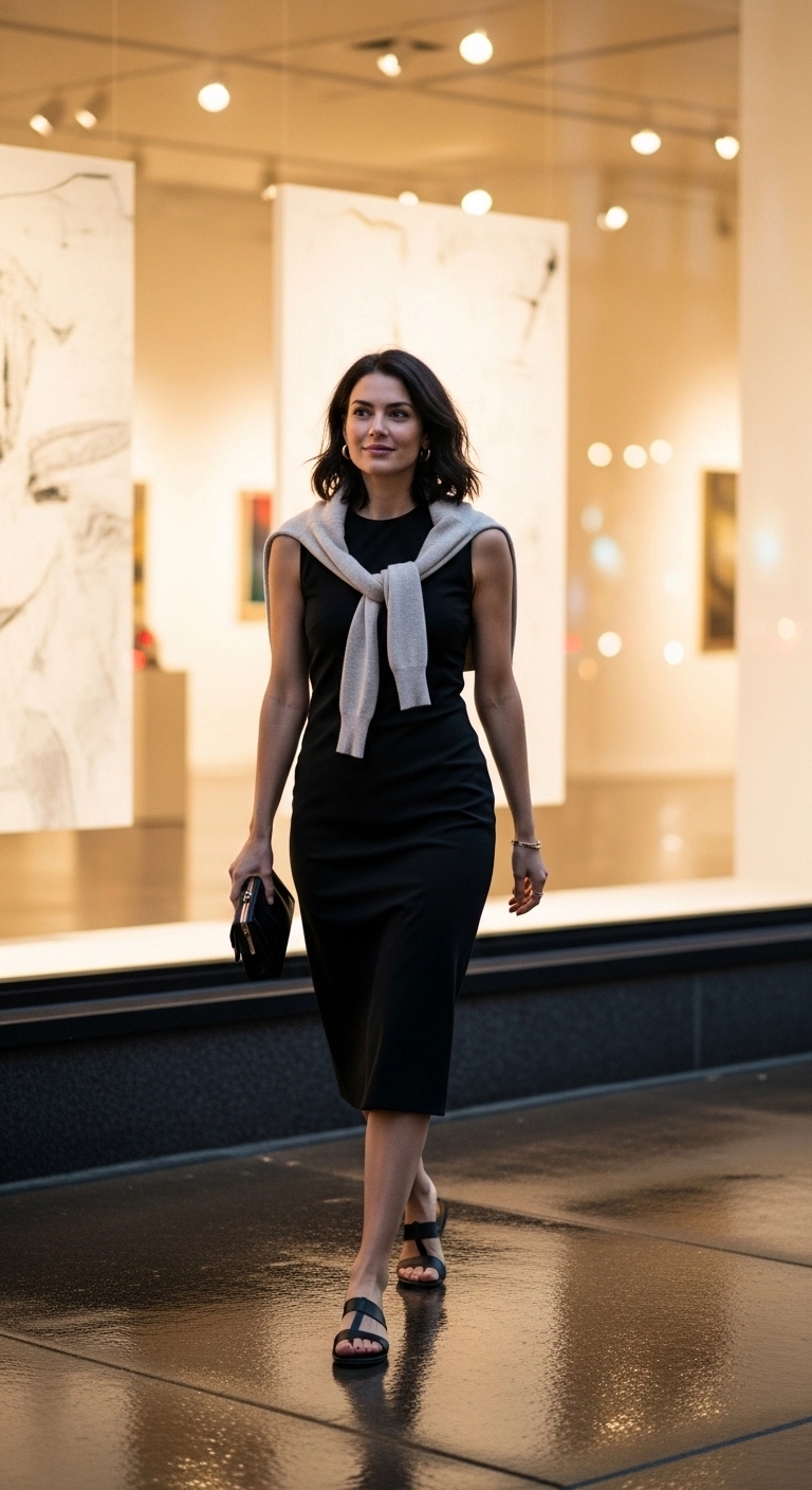 spring dress outfits for women in 2026 with a column dress and sweater over the shoulders