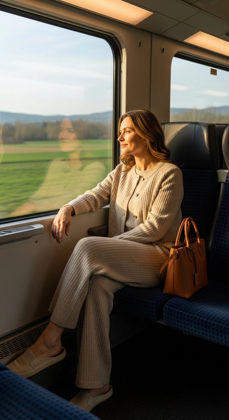 Spring travel outfits for women 2026 with a matching knit set and lightweight jacket on a train
