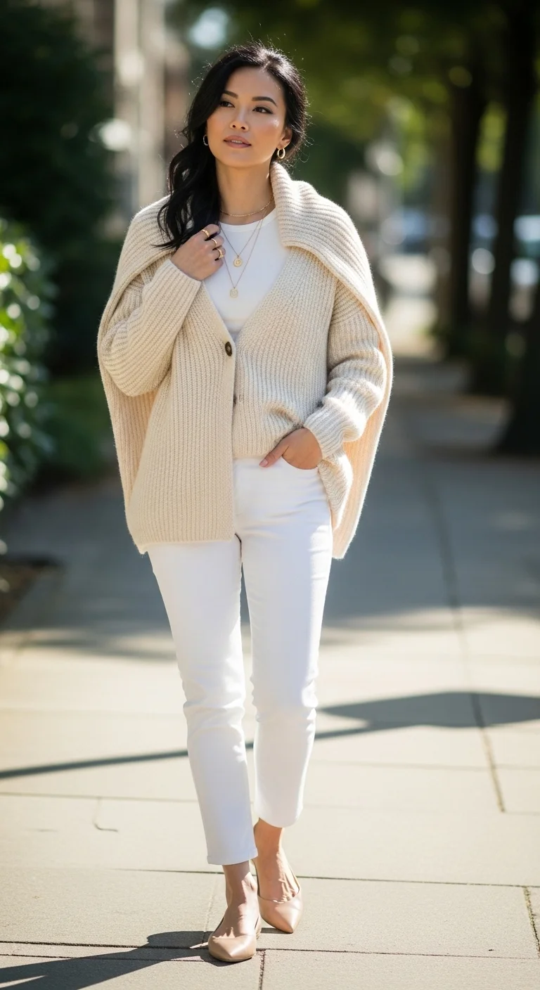 light spring color palette outfits 2026 with cream cardigan and white jeans