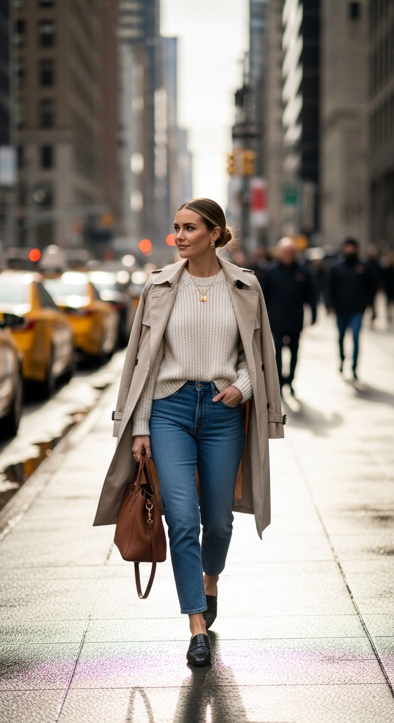 winter to spring transition outfits 2026 with cream sweater jeans and trench coat