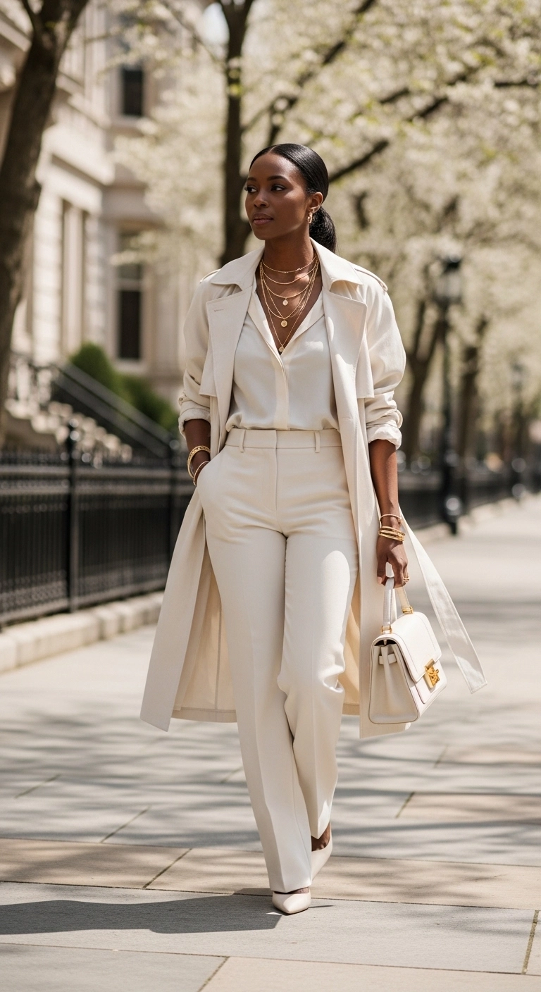 spring outfits for black women in 2026 with monochrome cream outfit and trench coat