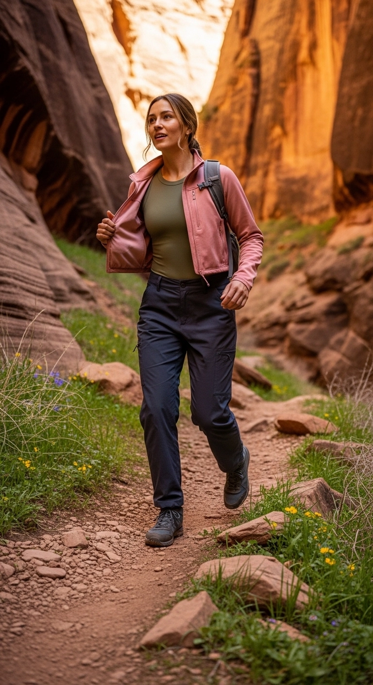 Spring hiking outfits for women 2026 with cropped midlayer and relaxed hiking pants