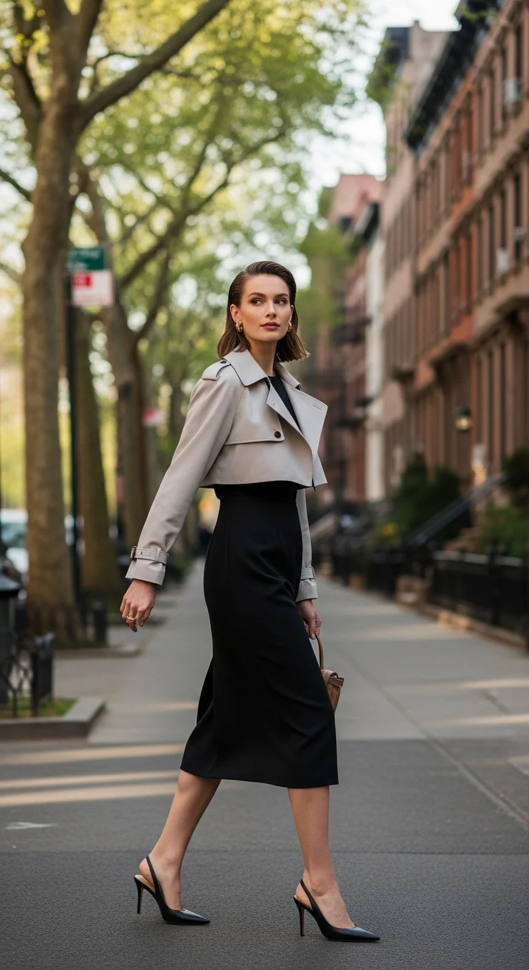 Classy spring outfits 2026 with cropped trench jacket and column dress