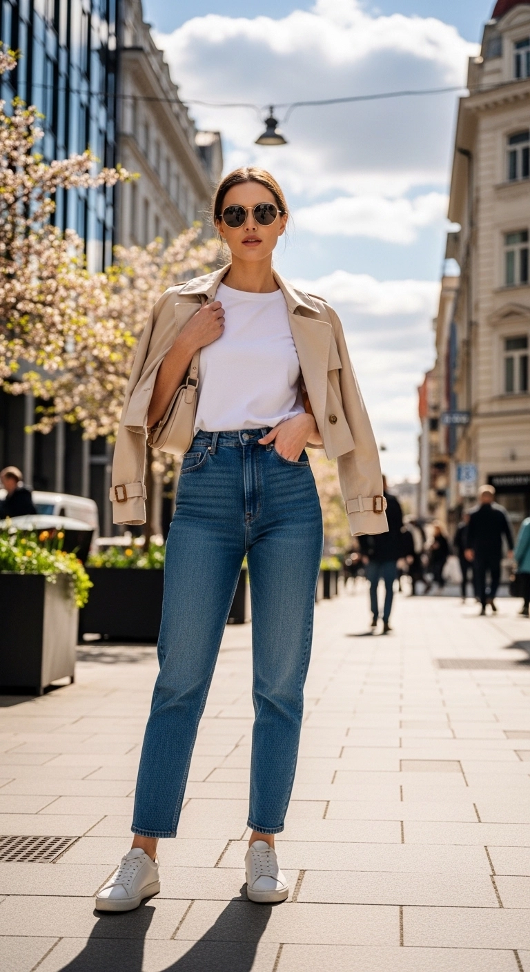 spring transition outfits 2026 with white tee jeans and cropped trench