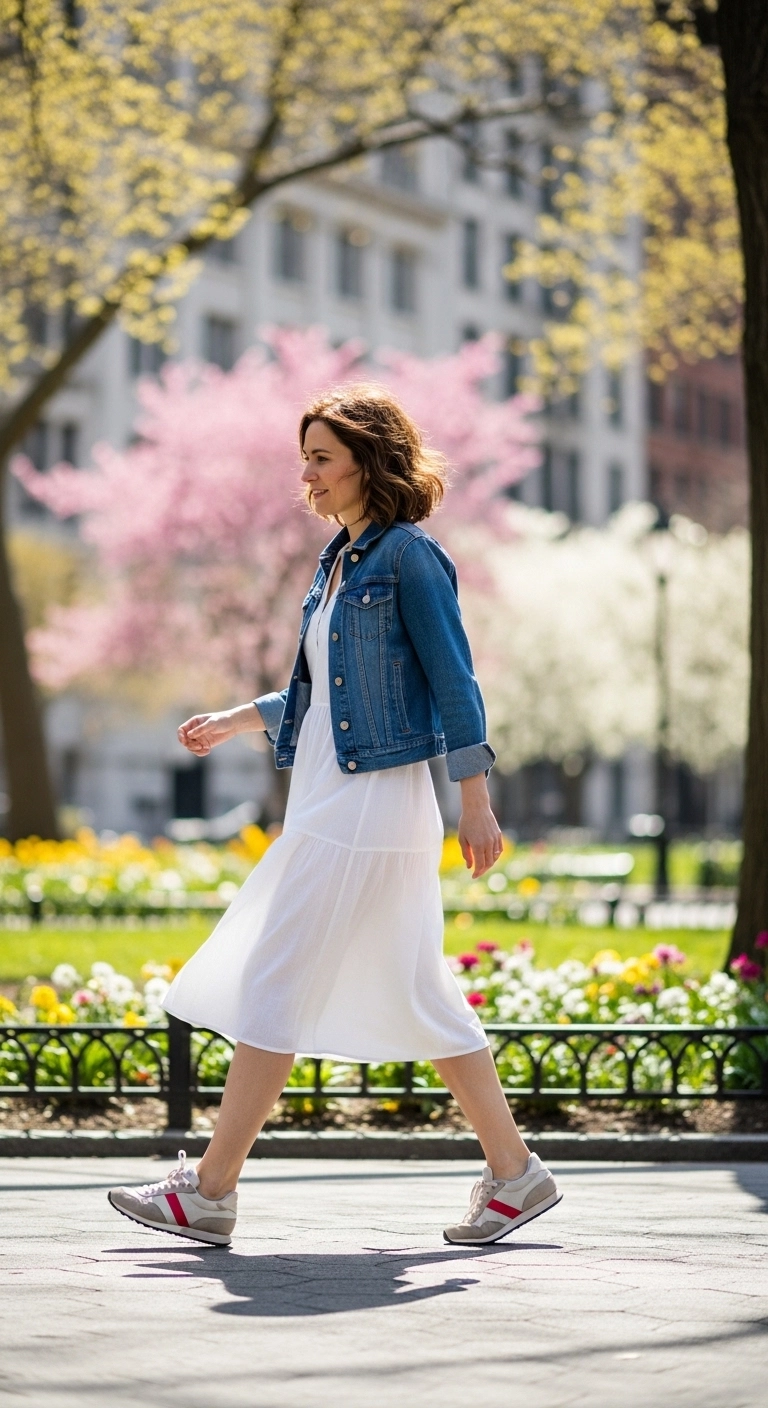 Spring travel outfits for women 2026 with cotton dress, denim jacket, and sneakers