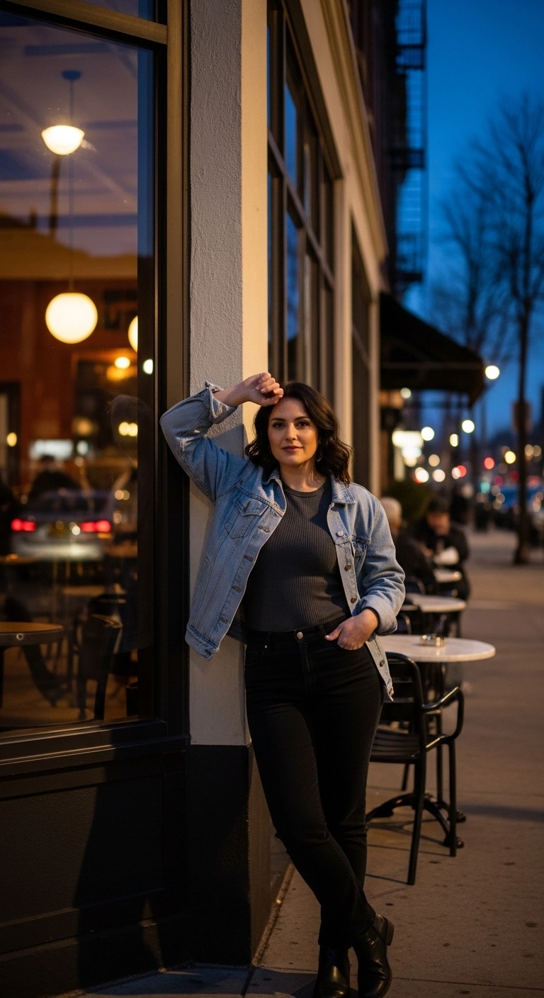Spring outfits with jeans 2026 with denim jacket, ribbed tee, and black jeans