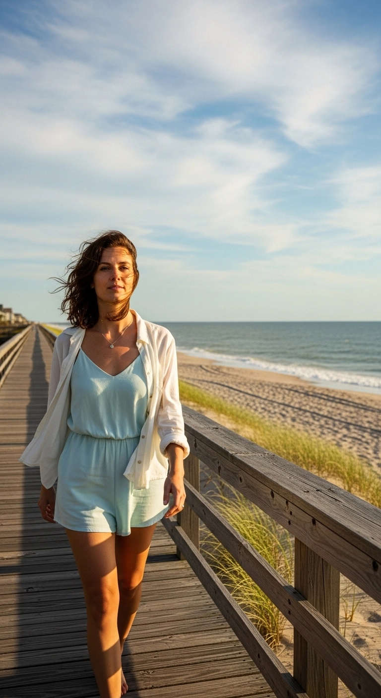 Spring beach outfits 2026 with denim shirt, cotton shorts, and sporty sandals