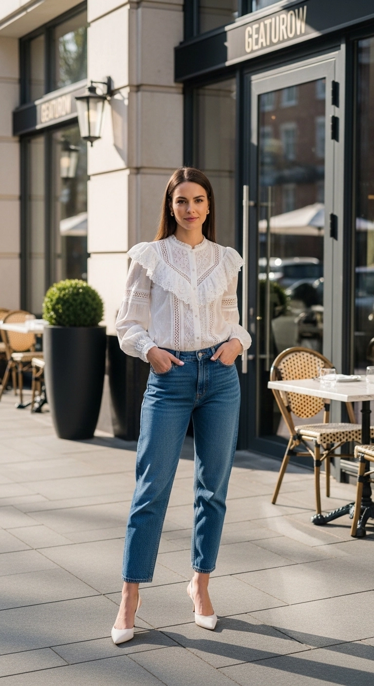 Trendy spring outfit ideas for women 2026 with feminine blouse and relaxed jeans