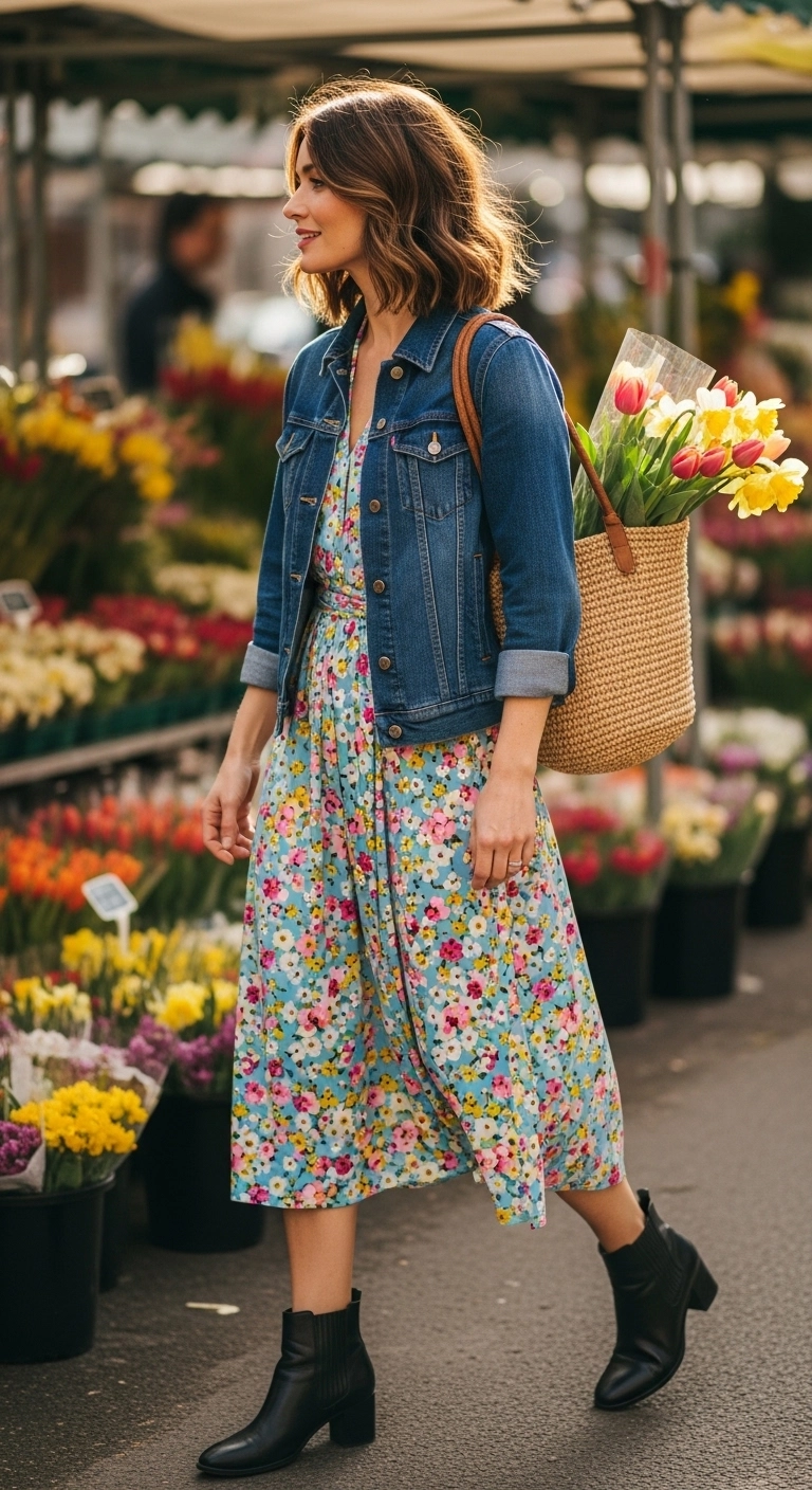 spring dress outfits for women in 2026 with a floral midi dress, denim jacket, and ankle boots