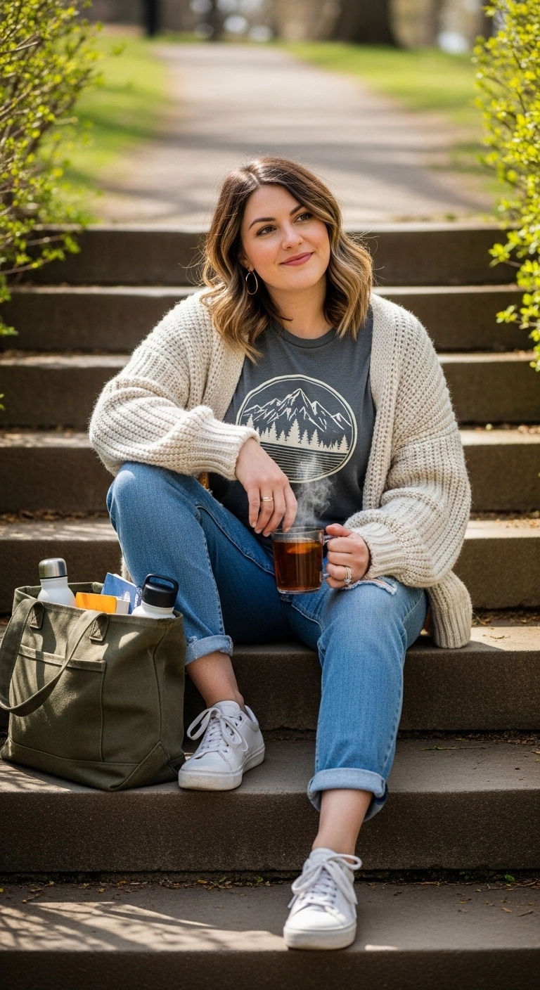 Spring outfits with jeans 2026 with graphic tee, relaxed jeans, and oversized cardigan