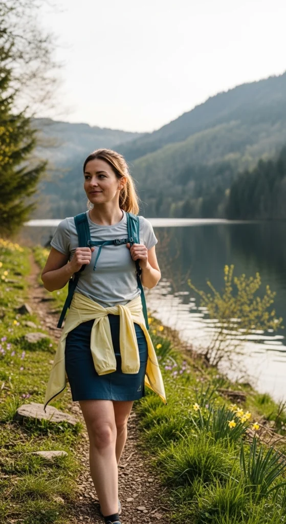 Spring hiking outfits for women 2026 with performance tee, hiking skort, and jacket