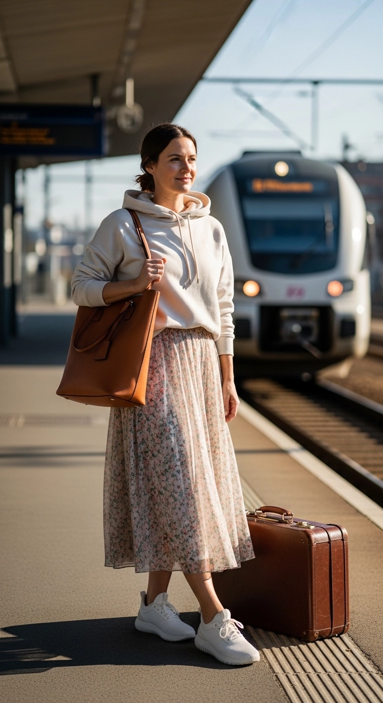 Spring travel outfits for women 2026 with hoodie, midi skirt, and cushioned trainers