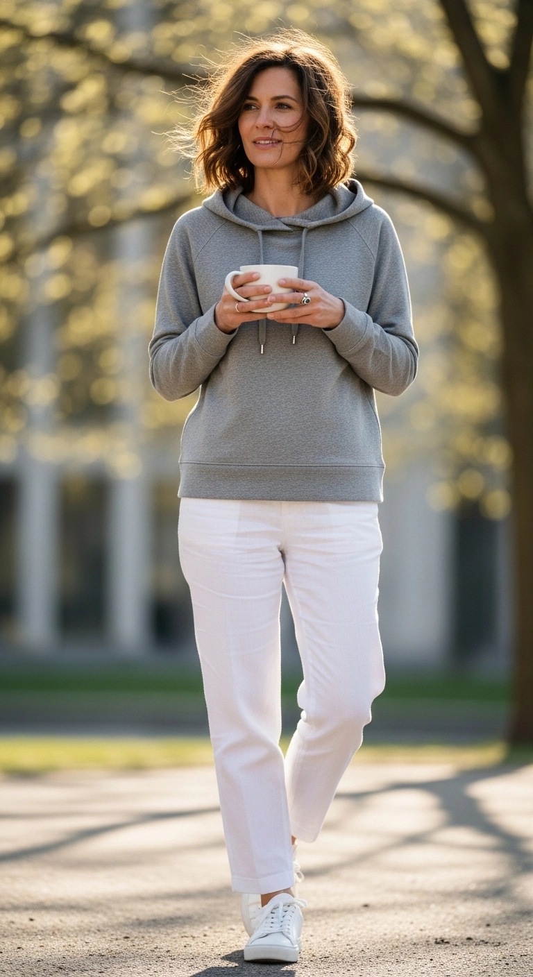 everyday spring outfits 2026 with hoodie and linen-blend pants