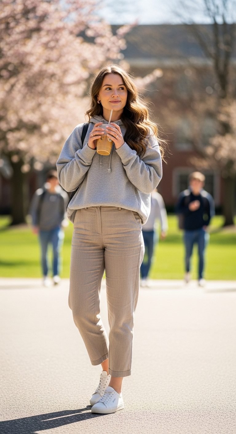 Spring college outfits 2026 with hoodie, linen pants, and clean sneakers