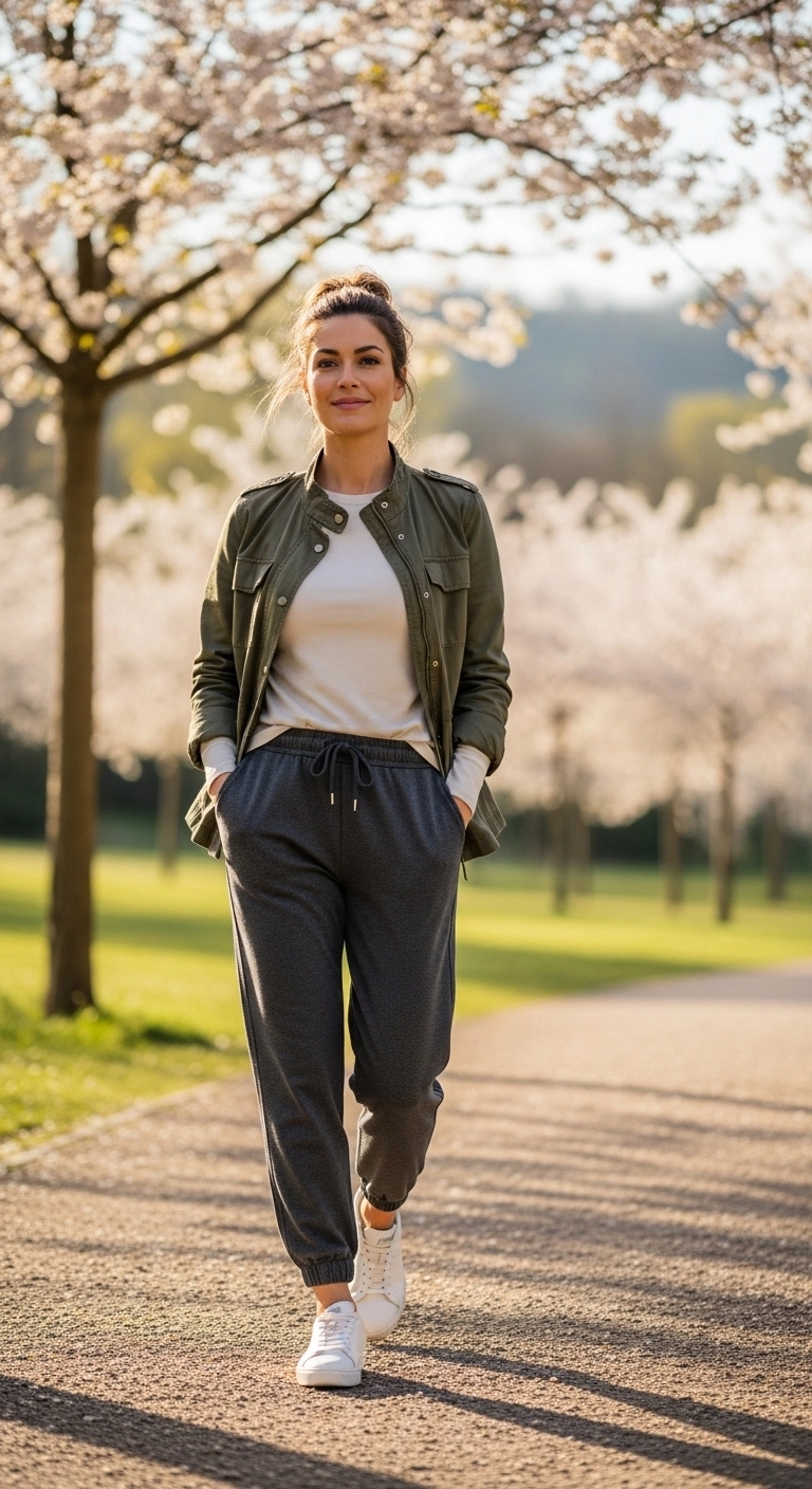 everyday spring outfits 2026 with joggers, fitted top, and utility jacket
