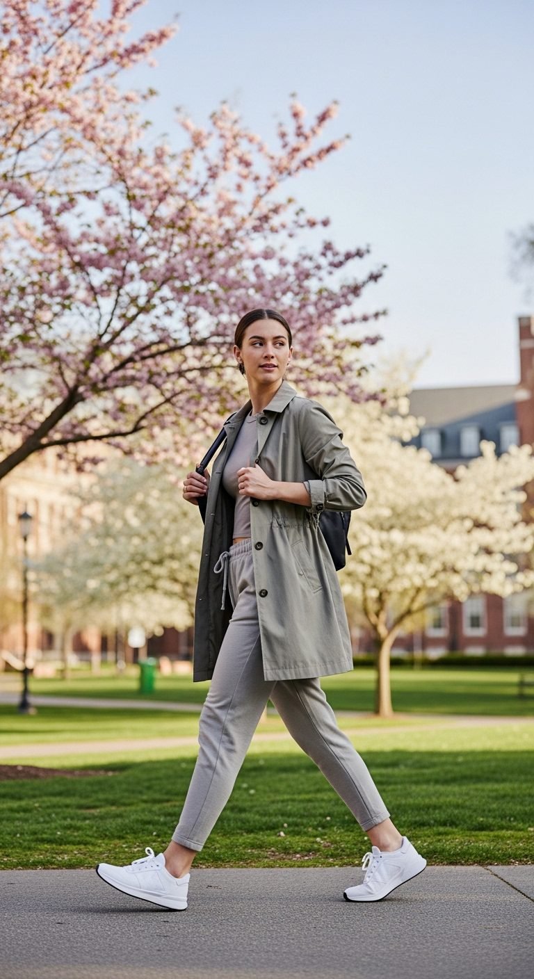 Spring college outfits 2026 with joggers, fitted top, and utility jacket