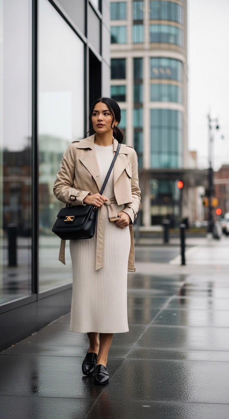 spring dress outfits for women in 2026 with a ribbed knit dress, loafers, and cropped trench