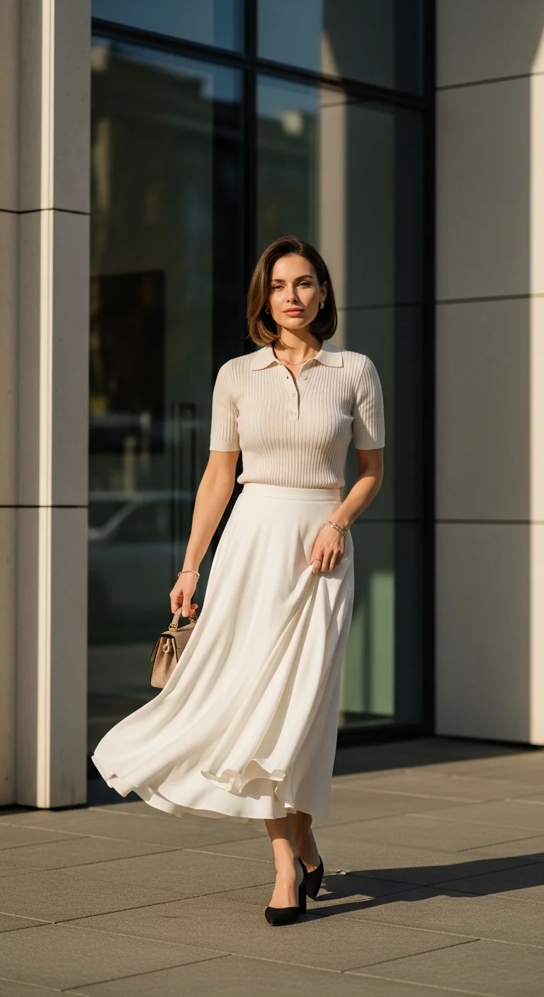 Classy spring outfits 2026 with fine knit polo and midi skirt