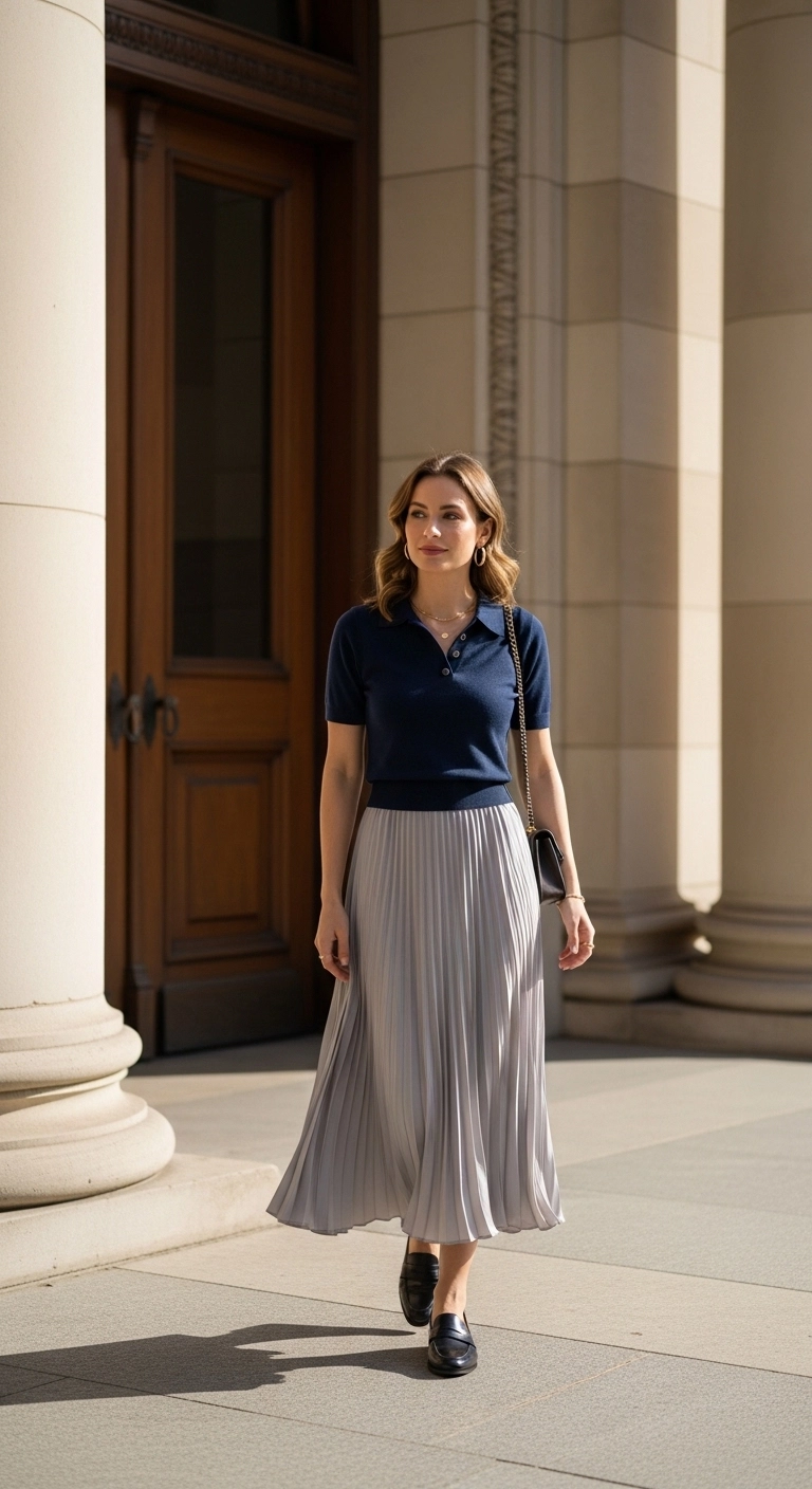 winter to spring transition outfits 2026 with knit polo pleated skirt and loafers